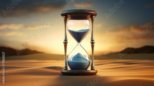  an hourglass sitting in the middle of a desert with the sun setting in the background and clouds in the sky.