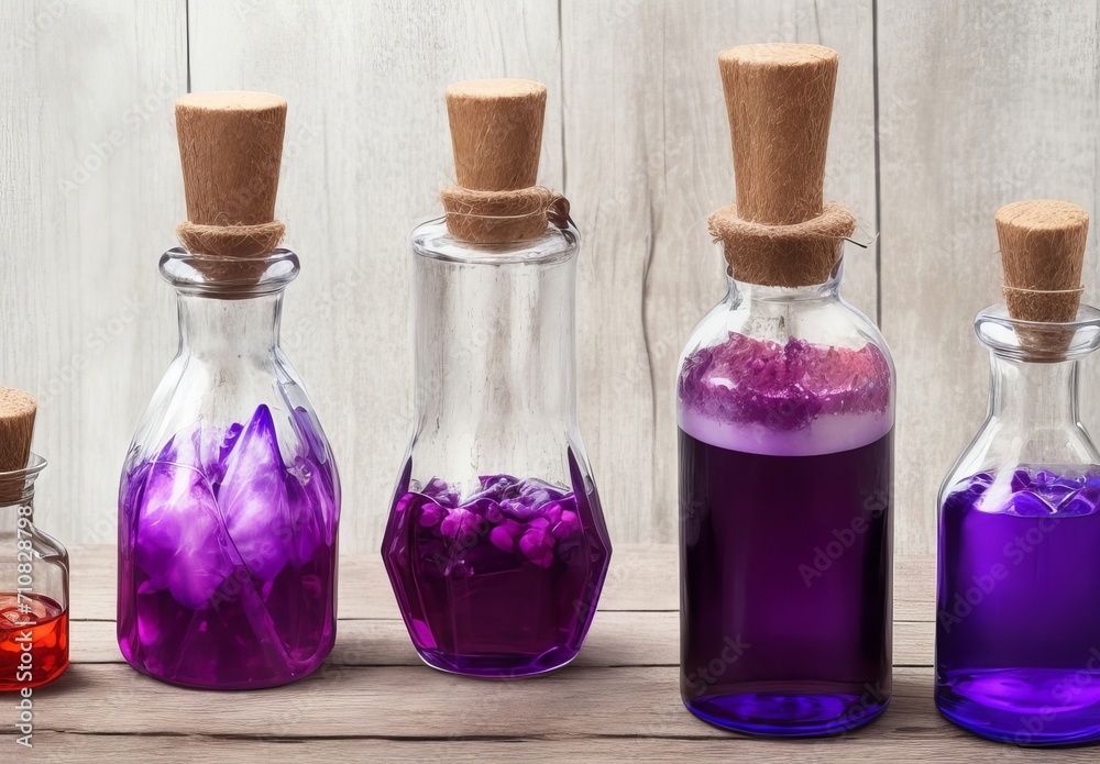 magic potions in bottles on wooden background
magic potions in bottles on wooden background