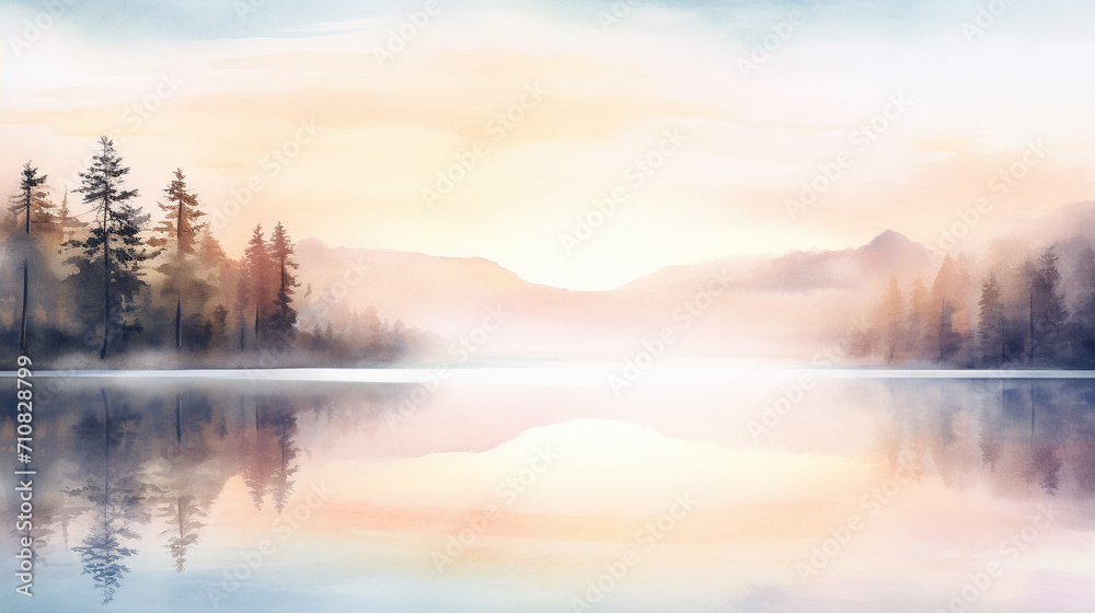 Serene Watercolor Lake at Dawn A peaceful watercolor depiction of a lake at dawn, with soft hues reflecting the morning sky Ideal for calming art prints, AI Generated - obrazy, fototapety, plakaty 