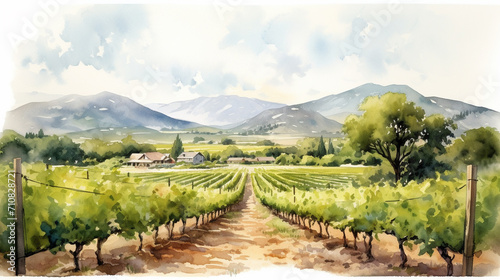 Rustic Watercolor Vineyard Landscape A rustic vineyard landscape painted in watercolors, ideal for wine bar decor or vineyard promotional materials, AI Generated