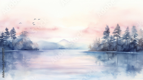 Serene Watercolor Lake at Dawn A peaceful watercolor depiction of a lake at dawn, with soft hues reflecting the morning sky Ideal for calming art prints, AI Generated