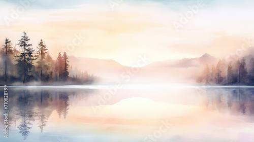 Serene Watercolor Lake at Dawn A peaceful watercolor depiction of a lake at dawn, with soft hues reflecting the morning sky Ideal for calming art prints, AI Generated #710828799