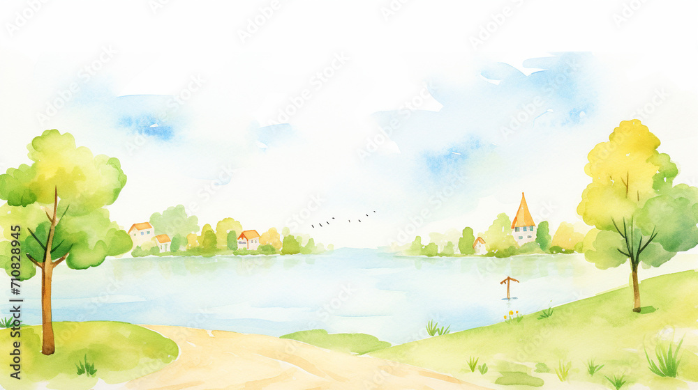 Summer scenes, Cartoon drawing, Water color style, AI Generated