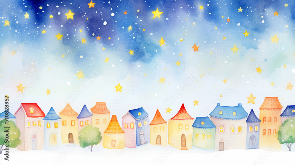 Stars and galaxies and villages, Cartoon drawing, Water color style, AI Generated