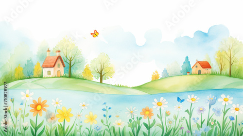 Spring scenes and villages  Cartoon drawing  Water color style  AI Generated