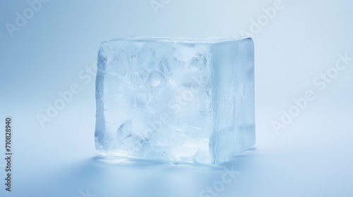 a block of ice sitting on top of a light blue table next to a glass of water with ice on top of it.