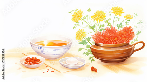 Stews and sun and chrysanthemums, Cartoon drawing, Water color style, AI Generated