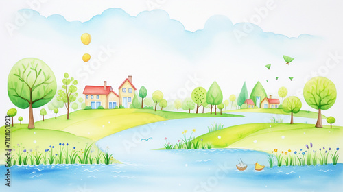 Summer scenes  Cartoon drawing  Water color style  AI Generated