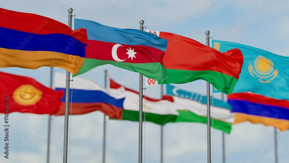 Commonwealth of Independent States or CIS flags waving together on cloudy sky, endless seamless loop