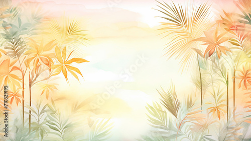 Tropical Palm Garden at Sunset, Warm glow of sunset highlighting intricate textures of palm leaves in tropical garden, AI Generated © Watercolorbackground