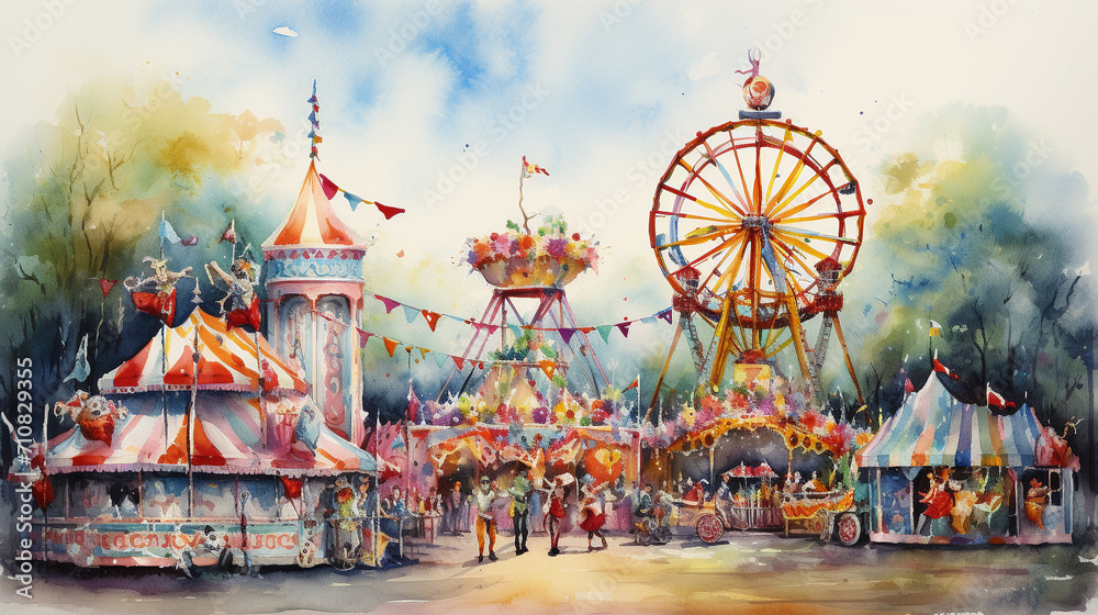 Vibrant Watercolor Carnival Scene, Lively and colorful carnival scene depicted in watercolors, Perfect for festive event promotions or celebratory art prints, AI Generated - obrazy, fototapety, plakaty 