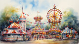 Vibrant Watercolor Carnival Scene, Lively and colorful carnival scene depicted in watercolors, Perfect for festive event promotions or celebratory art prints, AI Generated