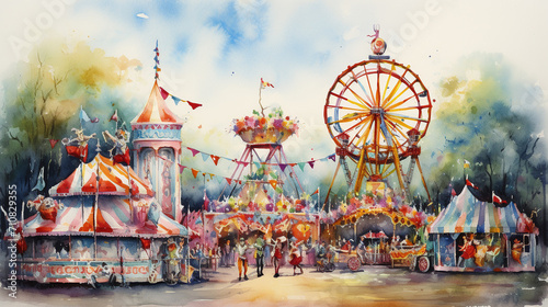 Vibrant Watercolor Carnival Scene, Lively and colorful carnival scene depicted in watercolors, Perfect for festive event promotions or celebratory art prints, AI Generated photo