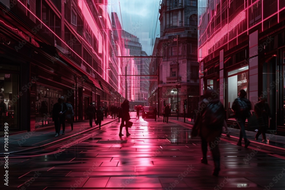 A bustling street scene with neon rose veins highlighting the architecture,