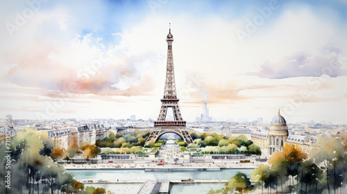 Watercolor Architectural Landmarks, Detailed watercolor paintings of famous architectural landmarks capturing their historical and cultural significance, AI Generated © Watercolorbackground