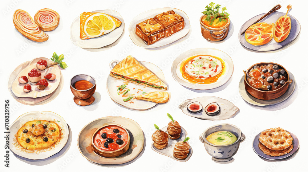 Watercolor Culinary Delights Appetizing watercolor illustrations of various culinary dishes, Perfect for cookbooks, Restaurant menus, AI Generated