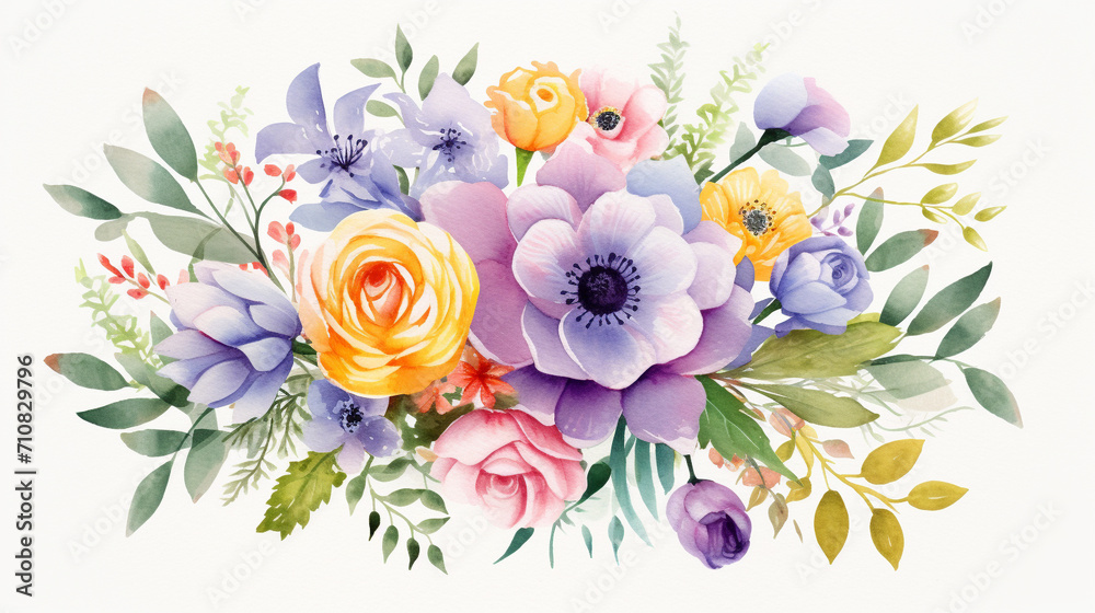 Watercolor Floral Bouquet, Bright and cheerful bouquet of flowers in watercolor suitable for greeting cards, Wedding invitations, or botanical art prints, AI Generated