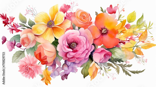 Watercolor Floral Bouquet, Bright and cheerful bouquet of flowers in watercolor suitable for greeting cards, Wedding invitations, or botanical art prints, AI Generated