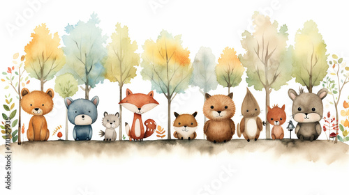 Whimsical Watercolor Forest with Animals, Playful and charming watercolor illustration of forest filled with cute animals, Great for children's book illustrations, Educational materials, AI Generated photo