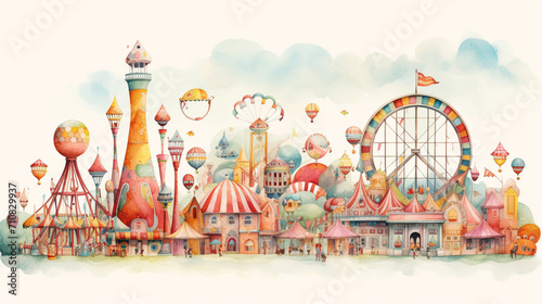 Whimsical Watercolor Carnival, Whimsical colorful watercolor depiction of carnival scene, Perfect for children's rooms, playful stationery, or event advertisements, AI Generated