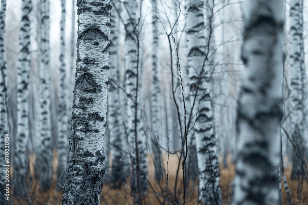 A dense birch forest with neon pearl white veins in the bark and leaves,