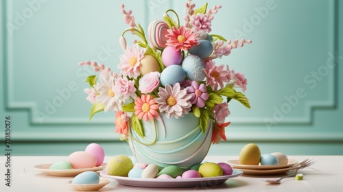  a white vase filled with lots of flowers and eggs on a table next to a plate with eggs on it.