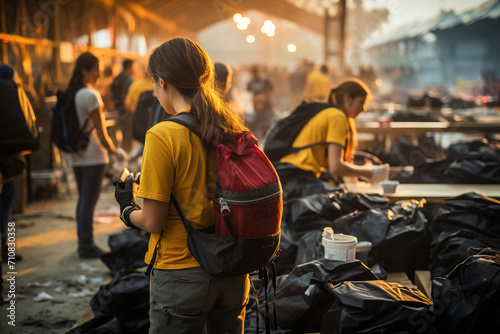 A team of volunteers assisting at a disaster relief center, providing aid to those affected by natural disasters. photo