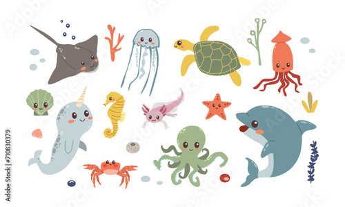 Set with hand drawn sea life elements and animals ,turtle , jellyfish ,narwhale , star , crab ,stingray, dolphin  . Vector doodle cartoon illustration set of marine life objects for your design. © irina