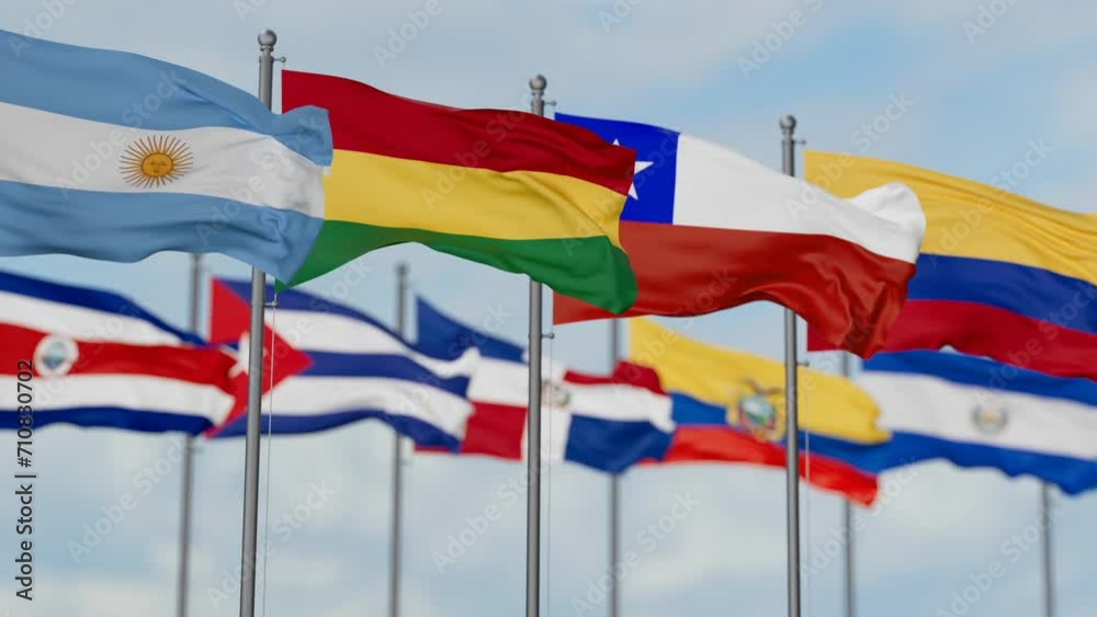 Latin America region country flags waving together on cloudy sky, endless seamless loop