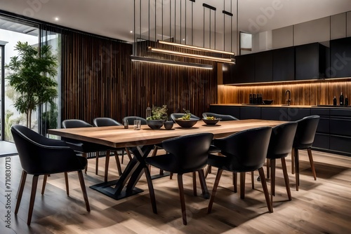 Interior of dining room have chairs and table with kitchen.