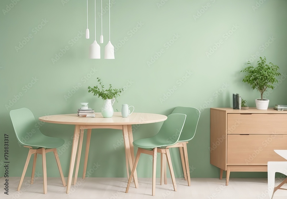 Mint color chairs at round wooden dining table in dining room with cabinet near green wall. Scandinavian, mid-century home interior design of modern living room.
Mint color chairs at round wooden dining table in dining room with cabinet near green wall. Scandinavian, mid-century home interior design of modern living room.