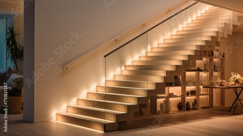 A chic, light-hued wooden staircase with transparent glass railings, subtly lit by discreet LED lighting under the handrails, in a bright, modern setting. photo