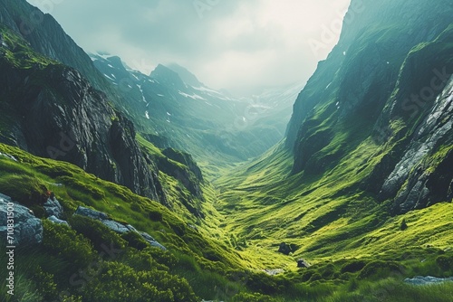 A high mountain valley with neon deep green veins in the grass and rocks,