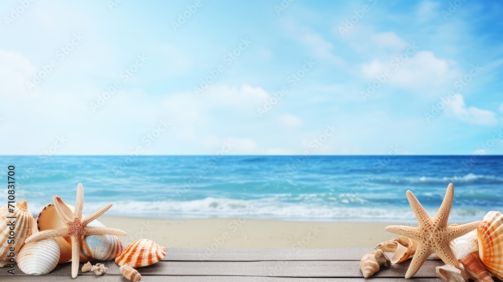 Seashells on wooden board against beach backdrop. Summer vacation and travel. Seashells on wooden board against beach backdrop. Summer vacation and travel.