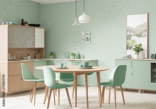 Mint color chairs at round wooden dining table in dining room with cabinet near green wall. Scandinavian  mid-century home interior design of modern living room. 