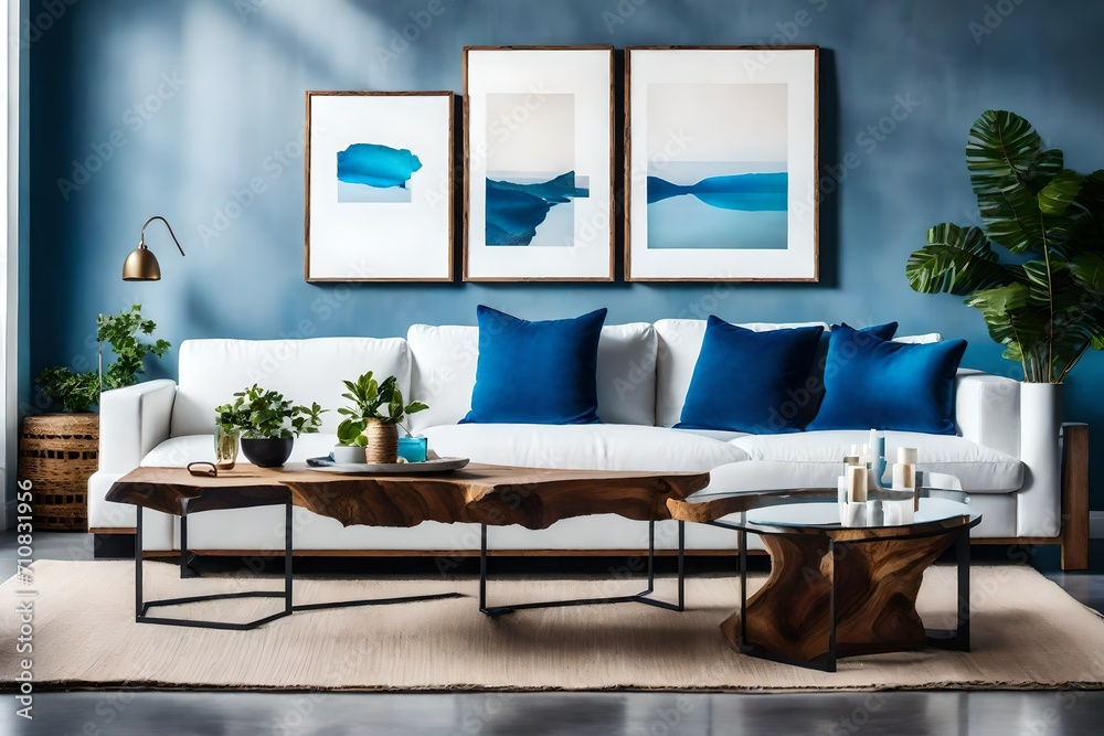 Modern living room with a view of white sofa and blue cushions. Modern living room with a view of white sofa and blue cushions.