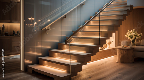 A chic, light-hued wooden staircase with frameless glass sides, LED lighting under the handrails creating a cozy atmosphere in a stylish residence.