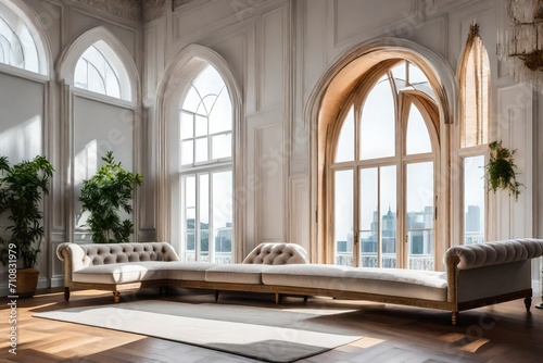 Interior sitting area of a luxury house with outside view from the wide windows.