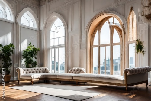 Interior sitting area of a luxury house with outside view from the wide windows. © sarmad