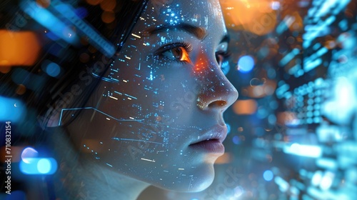 The expressive face of a woman in a futuristic digital realm