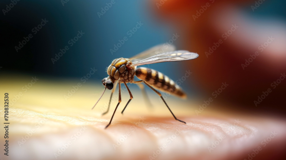 A perilous image capturing a mosquito bite on the skin, potentially carrying malaria infection A perilous image capturing a mosquito bite on the skin, potentially carrying malaria infection