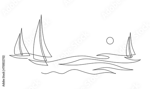 Yachts on sea waves. Seagull in the sky. Continuous line drawing illustration. Isolated on white background