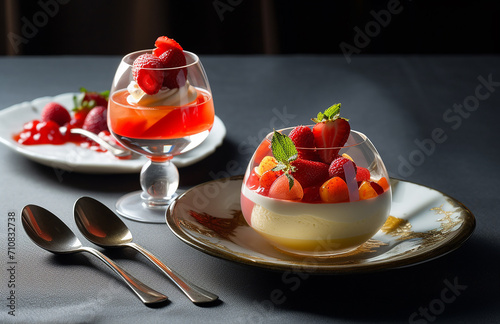 - 6 two-glass dish with strawberry desserts, generative ai