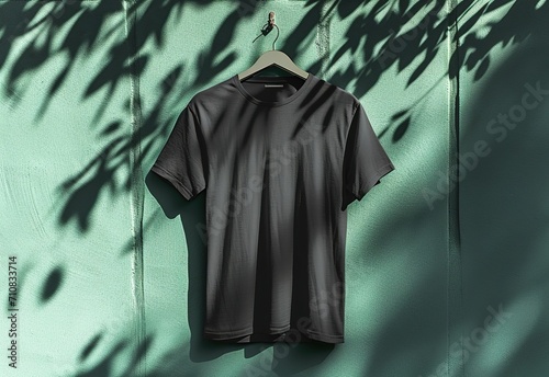 Elegant black T-shirt on a wooden hanger against a wall background