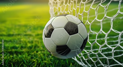 Soccer ball in the net after the goal - close-up of a classic black and white soccer ball © Яна Деменишина