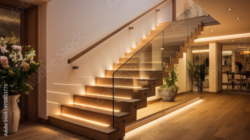 A chic  wooden staircase with frameless glass sides  under-handrail LED lighting creating a warm ambiance in a fashionable house.