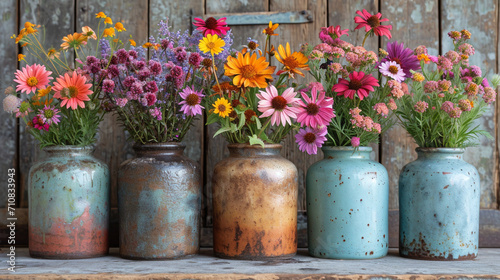 A collection of assorted wildflowers gracefully arranged in a rustic ceramic planter, each bloom showcasing its unique color and texture, creating a harmonious and visually enchant