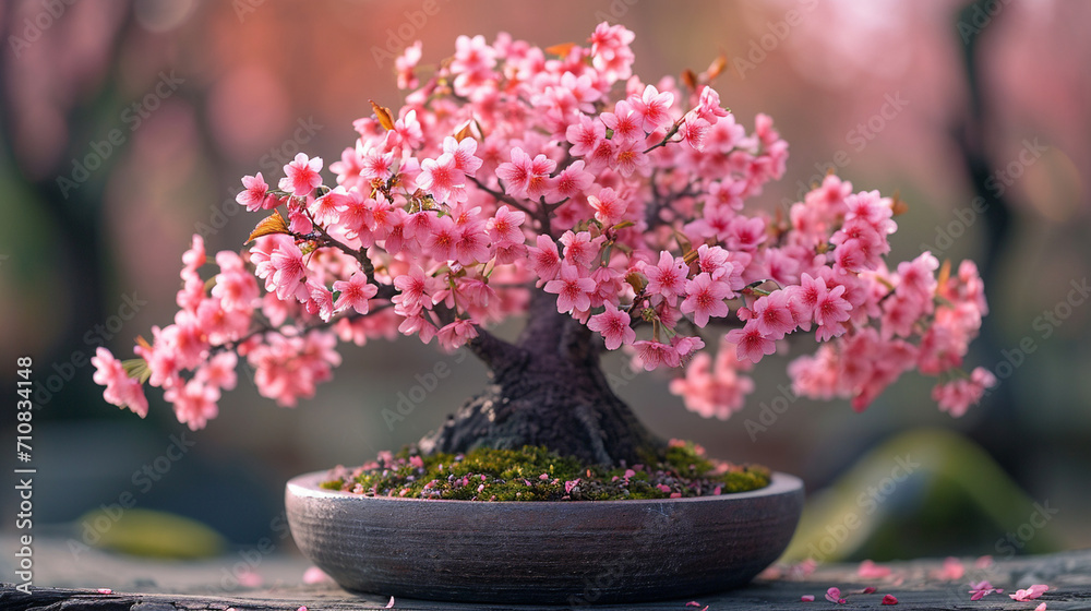 A bonsai cherry blossom tree in full bloom, delicately potted in an artisan-crafted ceramic container, the soft pink blossoms and the pot's refined design combining to evoke the po
