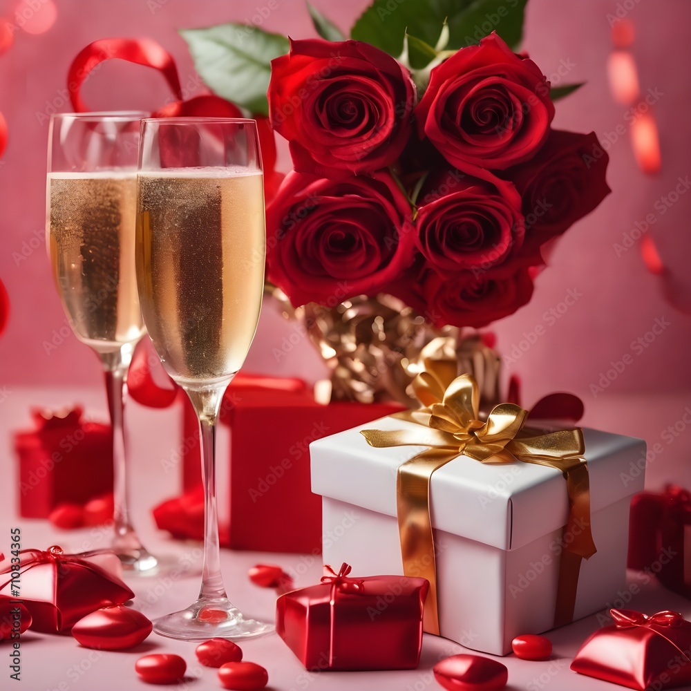Background of Valentines day celebration with champagne, rose, heart shaped present and red candies. Background of Valentines day celebration with champagne, rose, heart shaped present and red candies.