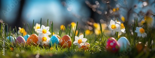 Colorful easter eggs on a meadow with daffodils